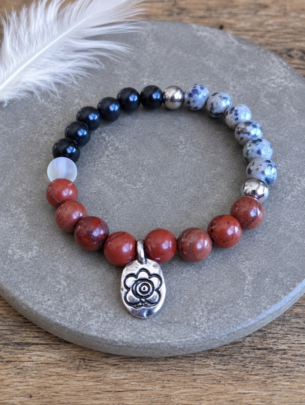 Red Jasper, Black Onyx & Dalmatian Jasper Beads Stretch Bracelet | Handmade